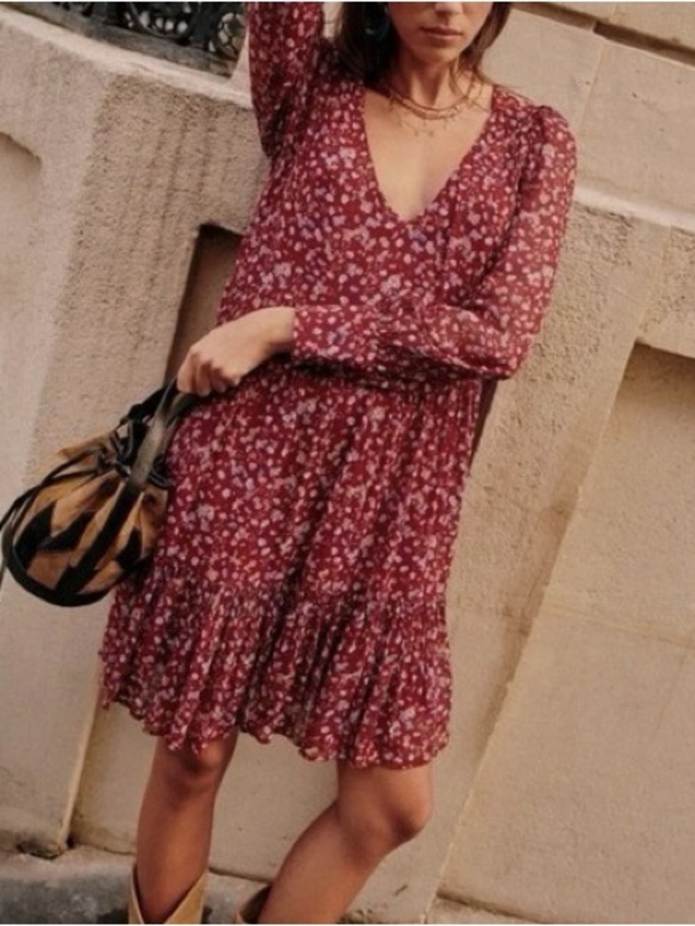NWOT Sezane Aurena Dress in Burgundy Floral Print - Size 2